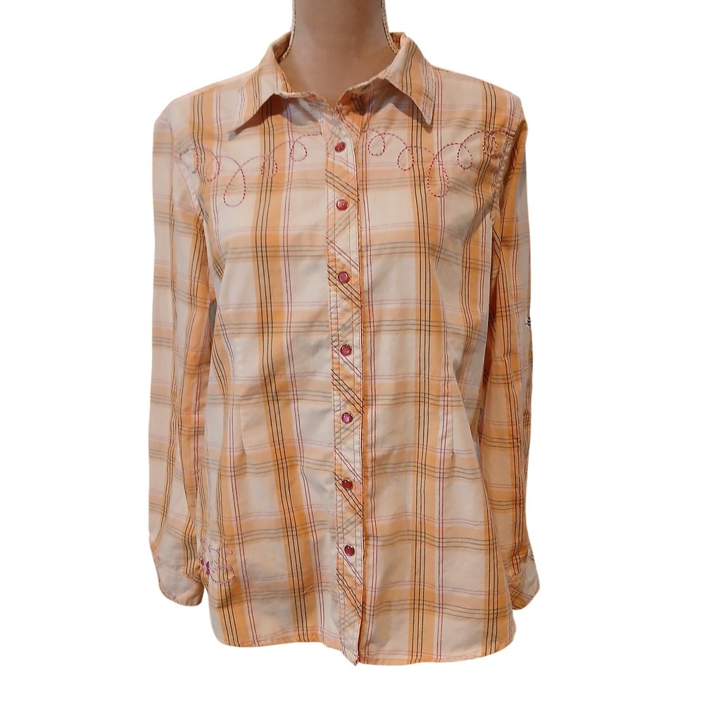 Bit & Bridle Medium Womens Orange Plaid Western Snap Button Equestrian Shirt